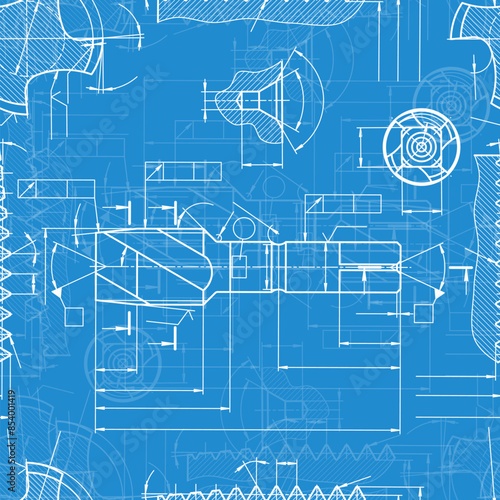 Mechanical engineering drawings on blue background. Tap tools, borer. Technical Design. Cover. Blueprint. Seamless pattern. Vector illustration.