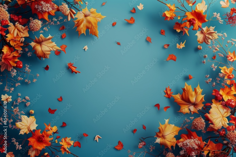 autumn background with dry leaves and shadow on blue. copy space autumn background with dry leaves and shadow on blue. copy space