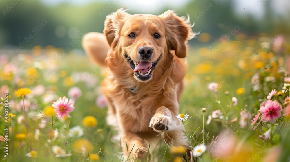 A happy golden retriever dog runs through a field of colorful wildflowers, tongue out and ears flapping in the wind. A happy golden retriever dog runs through a field of colorful wildflowers, tongue out and ears flapping in the wind.