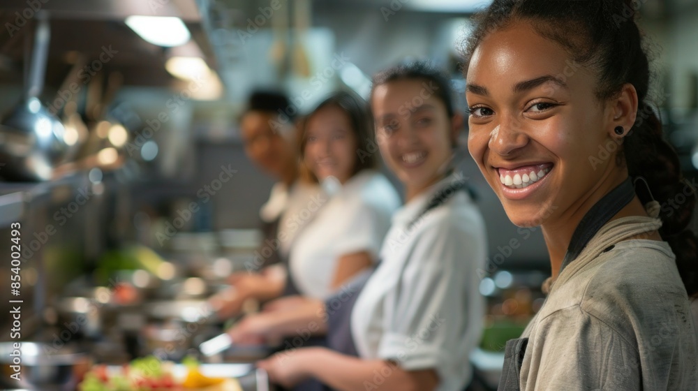 Obraz premium Group of smiling students in cooking class, having so much fun