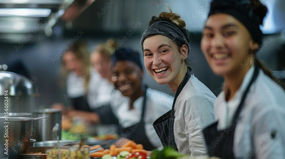 Group of smiling students in cooking class, having so much fun Group of smiling students in cooking class, having so much fun
