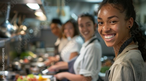 Group of smiling students in cooking class, having so much fun