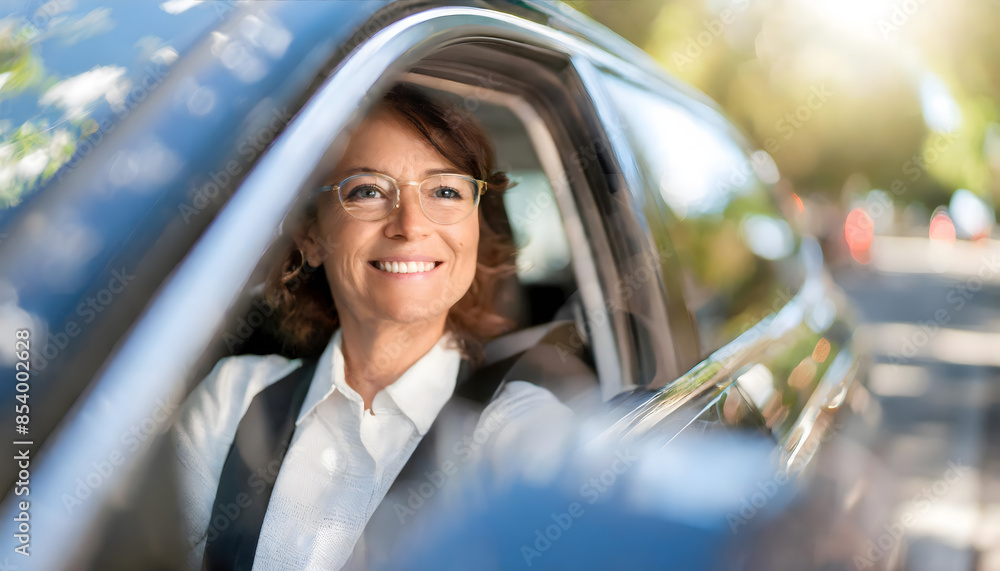 View from vehicle window of attractive middle-aged woman happily driving her car View from vehicle window of attractive middle-aged woman happily driving her car