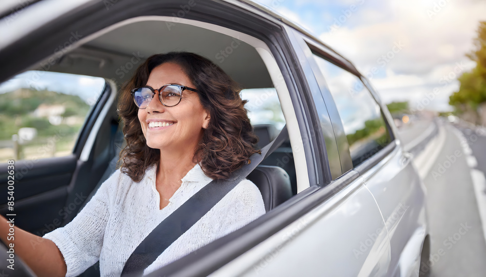 View from vehicle window of attractive middle-aged woman happily driving her car View from vehicle window of attractive middle-aged woman happily driving her car