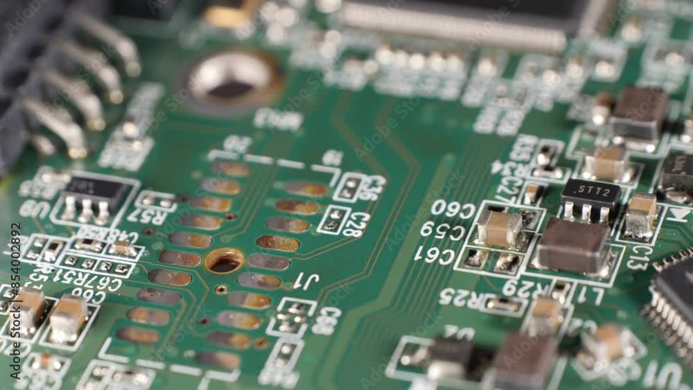 Closeup shot of different small components on a microchip of a hard drive. Technology. Storage. Numbers and lines. Selective focus. Defocused. Camera slowly moving around. Closeup shot of different small components on a microchip of a hard drive. Technology. Storage. Numbers and lines. Selective focus. Defocused. Camera slowly moving around.