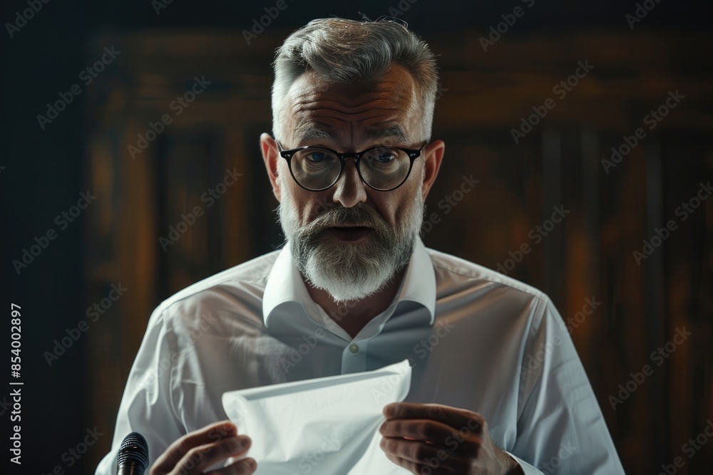 Nervous lecturer on podium holding napkin fear of public speaking Nervous lecturer on podium holding napkin fear of public speaking