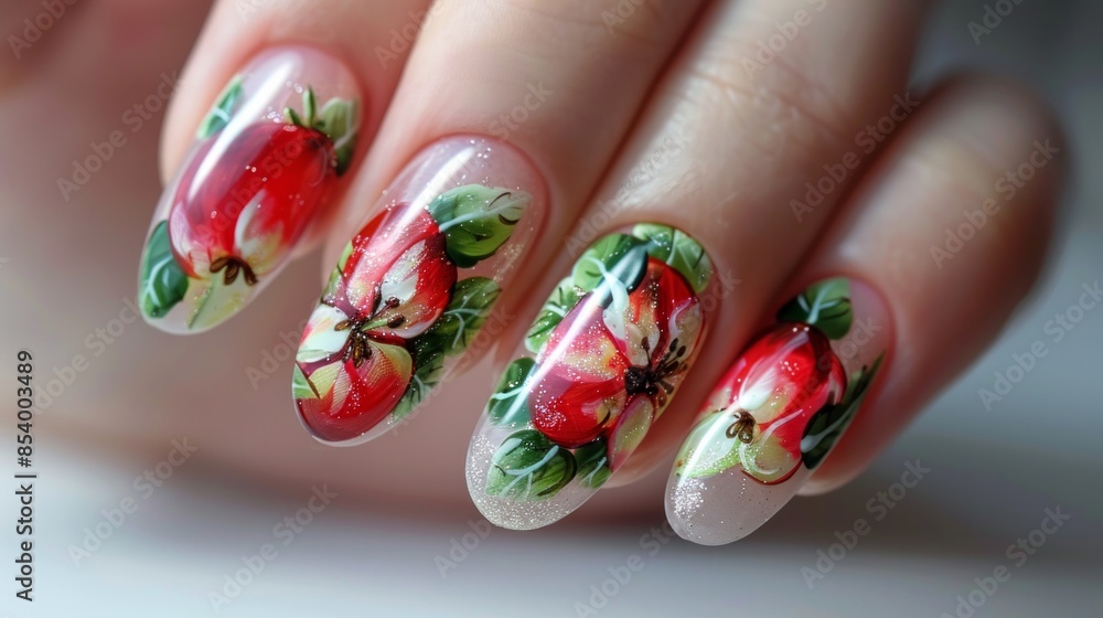 Close-up of intricate nail art featuring detailed red flowers with green leaves on a clear background Close-up of intricate nail art featuring detailed red flowers with green leaves on a clear background