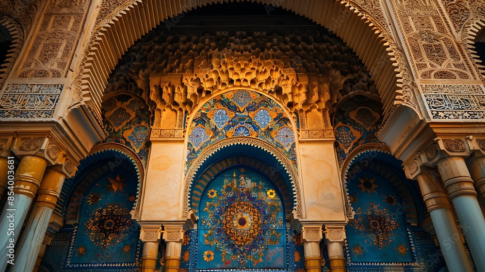 Intricate Moroccan Architecture with Blue and Yellow Tiles Intricate Moroccan Architecture with Blue and Yellow Tiles