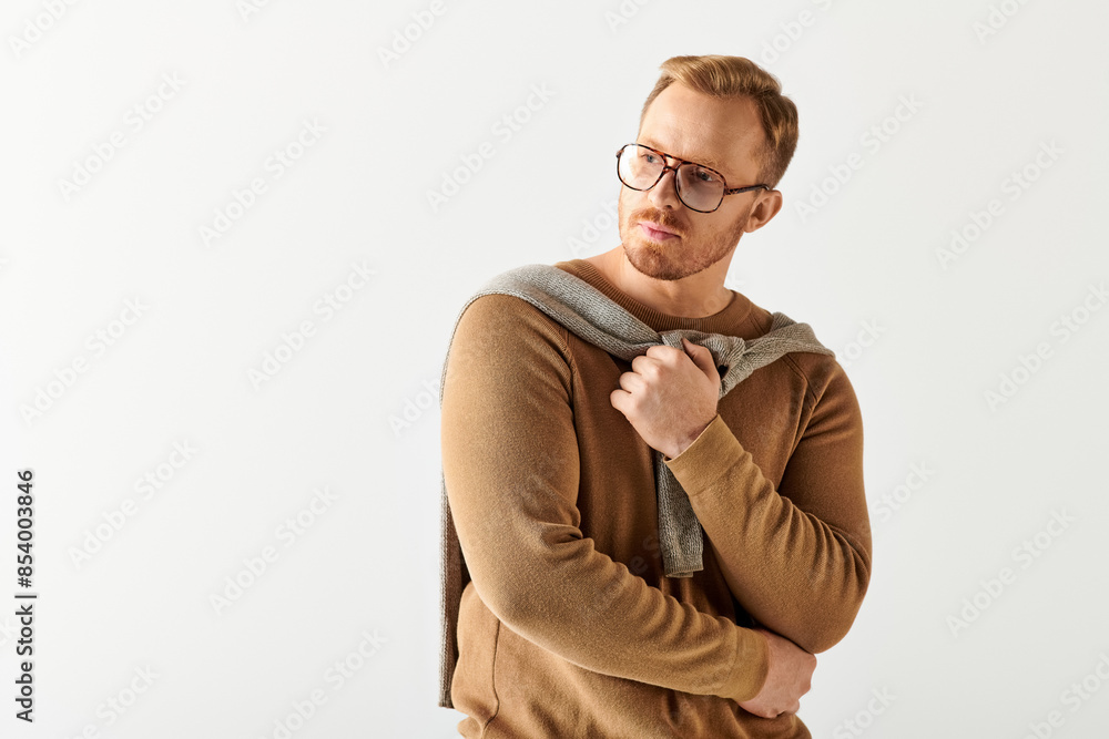 Obraz premium A man in glasses and a sweater strikes a stylish pose.