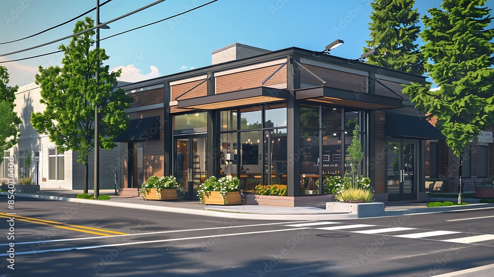 Coffee shop on the corner of the intersection urban street Coffee shop on the corner of the intersection urban street