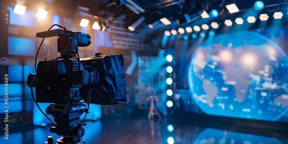 Photo of a news studio with blue lights and a globe. Concept News Studio Set Design, Blue Lighting, Global Broadcasting Photo of a news studio with blue lights and a globe. Concept News Studio Set Design, Blue Lighting, Global Broadcasting