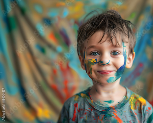 Happy cute boy kid child with face and tee stained splatter with paint isolated on canvas colourful background. copy text space	