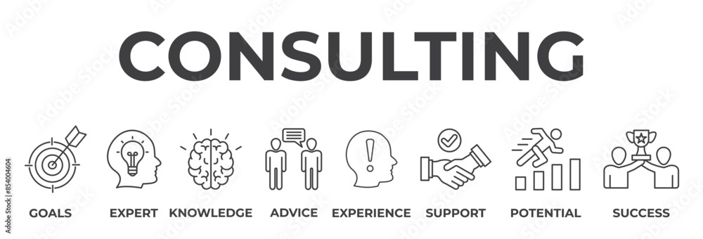 Banner consulting concept. Goals, expert, knowledge, advice, experience, support, potential, success. Vector illustration with keywords and icons Banner consulting concept. Goals, expert, knowledge, advice, experience, support, potential, success. Vector illustration with keywords and icons