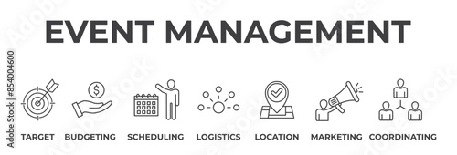 Banner event management concept. Target, budgeting,scheduling, logistic,location, marketing, coordinating. Vector illustration with keywords and icons