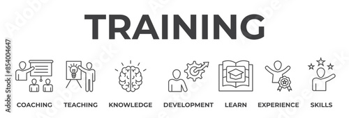Banner training concept. Coaching, teaching, knowledge, development,learn, experience,skills. Vector illustration with keywords and icons