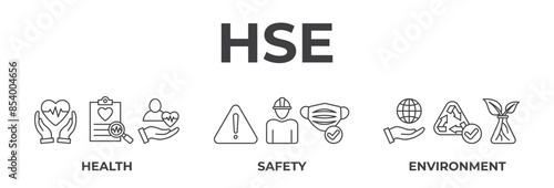 Banner HSE consept. Health Safety Environment acronym. Vector Illustration with icons and keywords