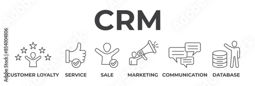Banner Customer relationship management concept. Customer loyalty, service, sale, marketing, communication and database. Vector illustration with keywords and icons