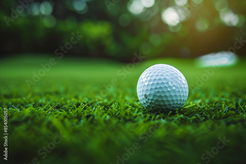 Closeup shot of a golf ball on the green grass.