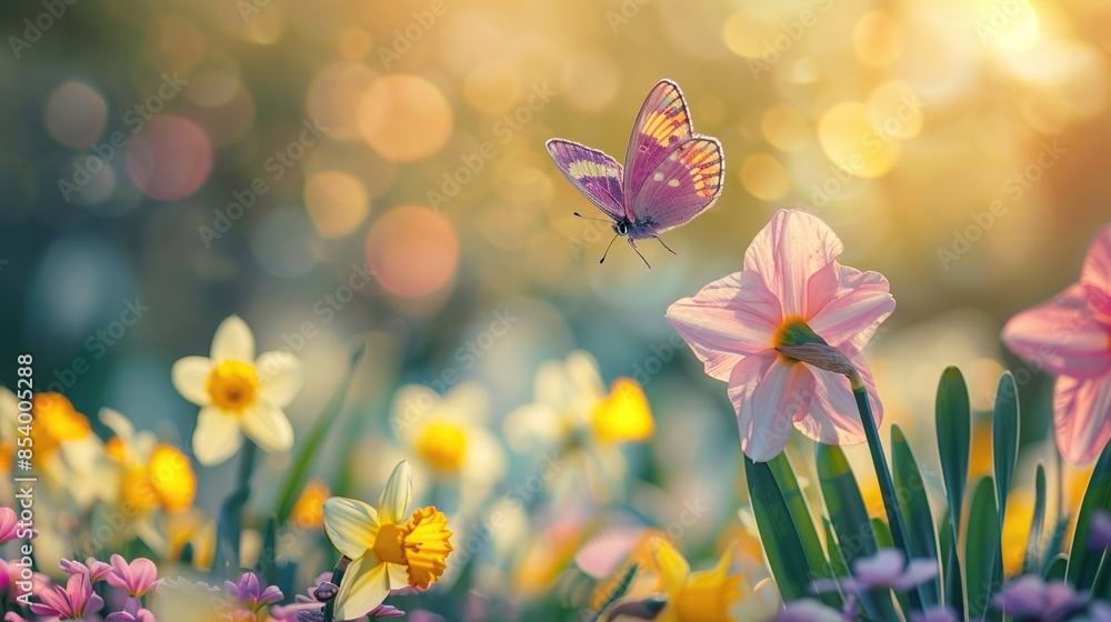Butterflies flying over a beautiful field of lilies with soft morning sunlight blurring bokeh. The view is peaceful and serene Butterflies flying over a beautiful field of lilies with soft morning sunlight blurring bokeh. The view is peaceful and serene