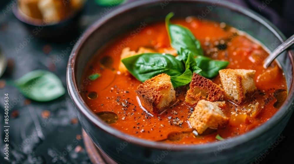 Comforting Creamy Tomato Basil Soup with Crispy Croutons - Perfect Winter Comfort Food Concept Comforting Creamy Tomato Basil Soup with Crispy Croutons - Perfect Winter Comfort Food Concept