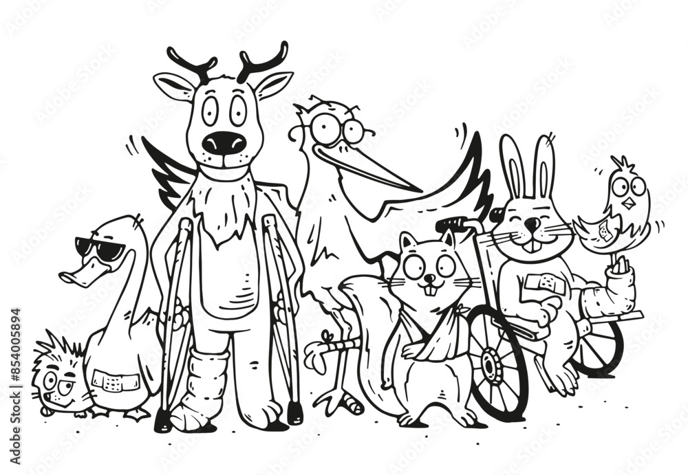 Fototapeta premium Cute sick animal, Veterinary clinic, illustration in line hand drawn style