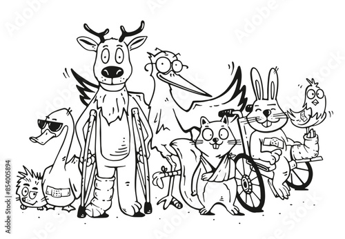 Cute sick animal, Veterinary clinic, illustration in line hand drawn style