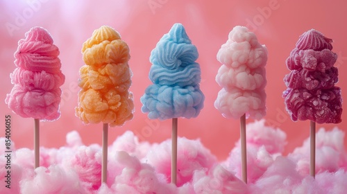 Six delicate candy floss pieces on sticks are arranged artistically against a pink background, conveying creativity and joy