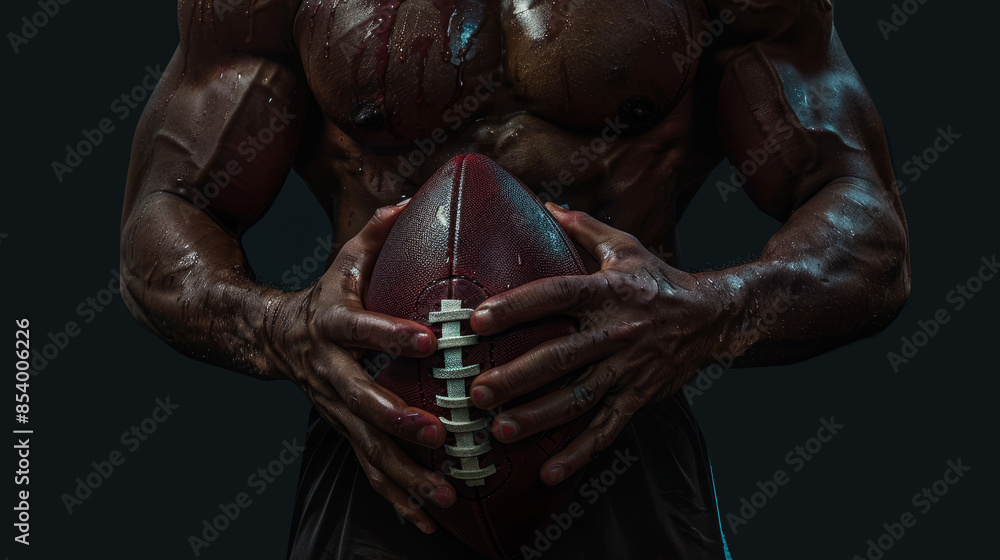 Close-up of a muscular athlete holding an American football, showcasing strength and determination in a dramatic lighting setup. Close-up of a muscular athlete holding an American football, showcasing strength and determination in a dramatic lighting setup.