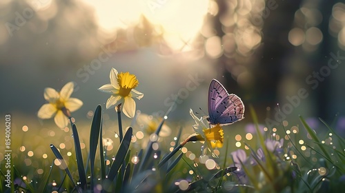 Butterflies flying over a field of lilies with dew drops accompanied by soft sunlight. The view is peaceful and serene, with butterflies and flowers creating a sense of harmony and beauty photo