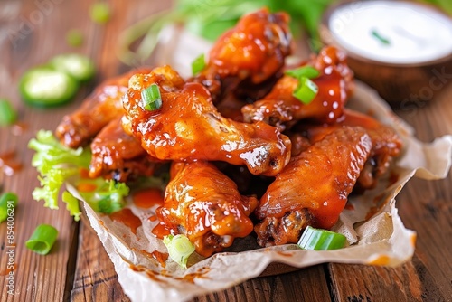 Delicious Tangy Buffalo Chicken Wings Served with Creamy Dip for Snacking Delight photo