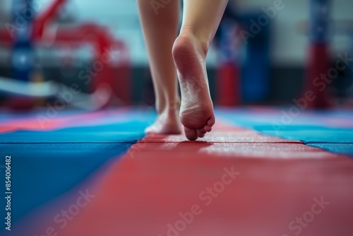 Close-up of feet walking on a gym mat, focusing on balance and movement in a fitness or martial arts training environment.