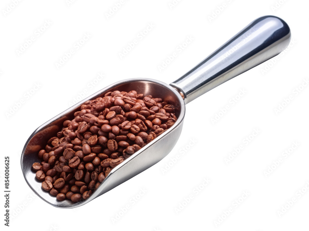 Fototapeta premium Scoop Of Coffee Beans In Metal Spoon. This image features a scoop of rich coffee beans in a shiny metal spoon, perfect for illustrating coffee-related themes. Isolated on transparent background, png.