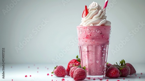 A strawberry milkshake with whipped cream and strawberries. photo