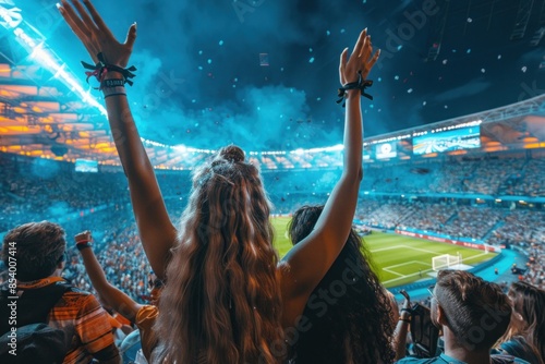 Group of friends raising hands cheering at stadium during soccer match