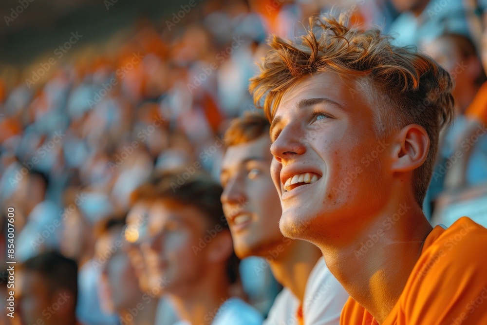 Obraz premium Young football fan smiling and cheering at stadium during match