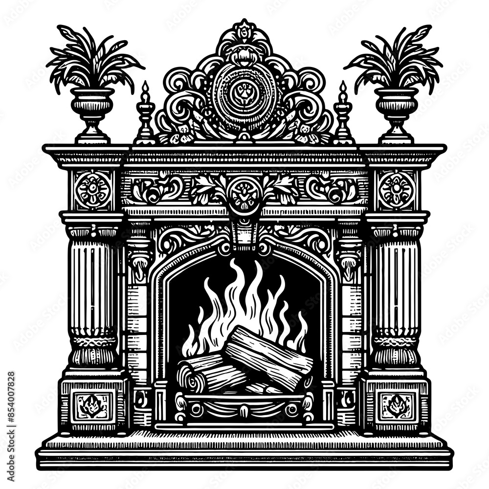 Fototapeta premium Classic Fireplace engraving PNG illustration