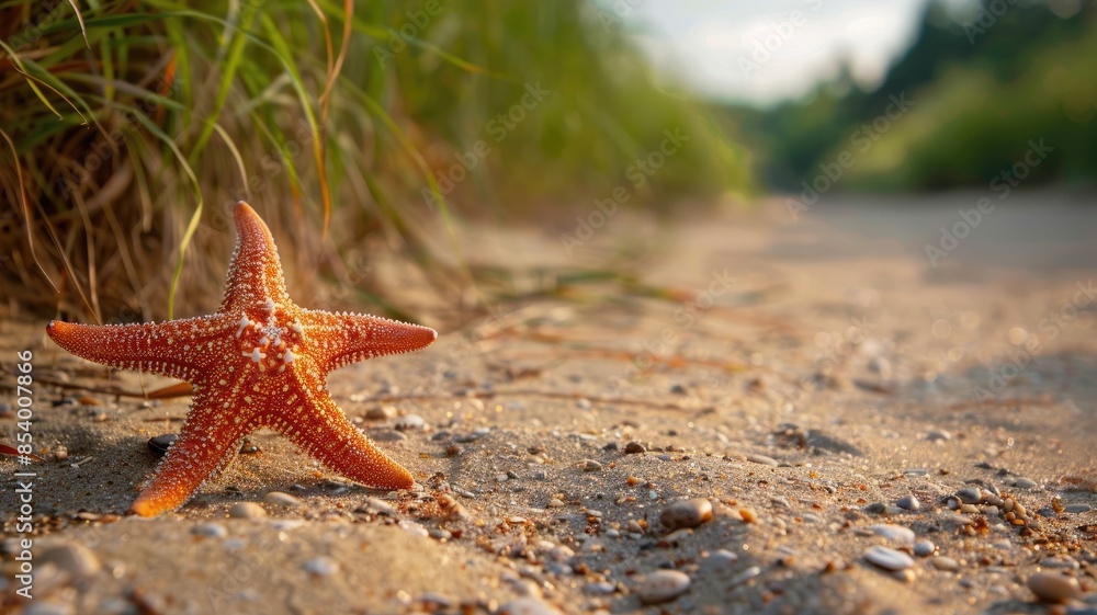 Bright orange starfish on sandy beach with grassy surroundings Bright orange starfish on sandy beach with grassy surroundings