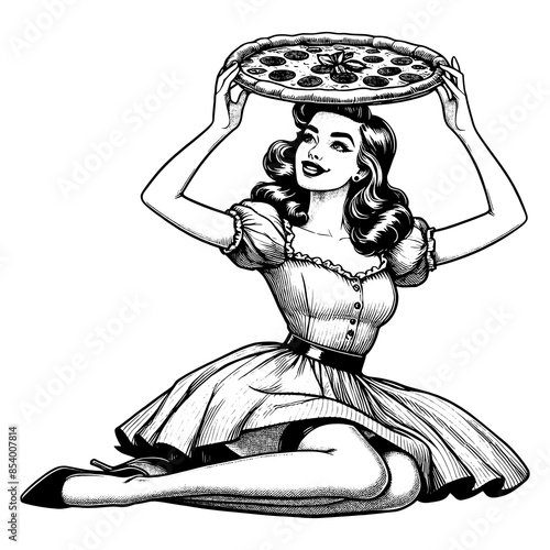 Woman Holding Pizza engraving PNG illustration