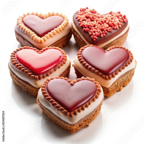 Five Heart-Shaped Cakes With Different Toppings on a White Background. Generative AI