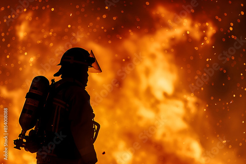 Silhouette of a Firefighter Against Fiery Blaze Background