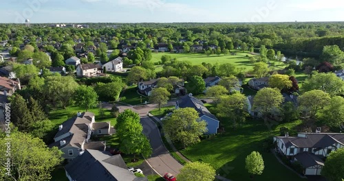 Aerial view of a residential neighborhood in Wheaton, Illinois. A suburb of Chicago, IL. USA.