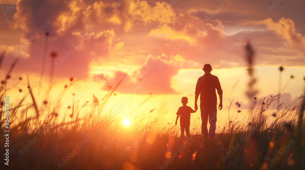 Silhouettes of Father and Children at Sunset in Field Silhouettes of Father and Children at Sunset in Field
