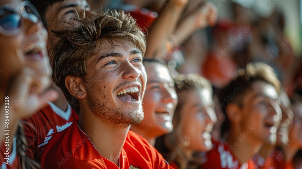 The photo details a jubilant young man among a crowd of fans at a sports event, showing excitement and camaraderie The photo details a jubilant young man among a crowd of fans at a sports event, showing excitement and camaraderie