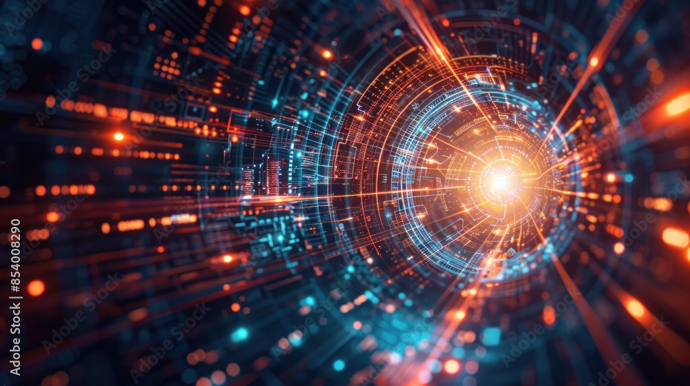 Fototapeta premium A futuristic image showcasing digital elements like graphs, charts, and icons radiating from a central point using a zoom burst effect. This symbolizes the integration of technology and innovation in