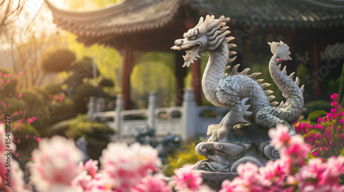 Wallpaper Mural Jade dragon statue in a tranquil Chinese garden, surrounded by blooming flowers.


 Torontodigital.ca