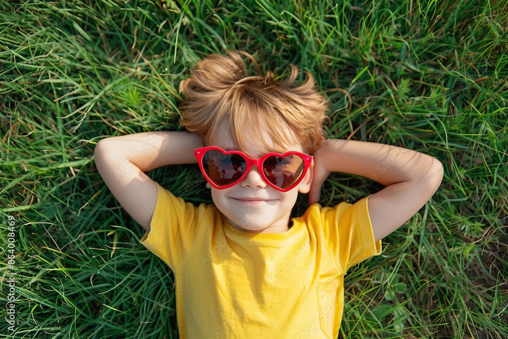 Happy stylish child lying on spring green grass. 4-5 years old boy lying back on perfect lawn top view. Kid wearing yellow t-shirt, red heart shaped sunglasses outdoors in a backyard. Summer activity Happy stylish child lying on spring green grass. 4-5 years old boy lying back on perfect lawn top view. Kid wearing yellow t-shirt, red heart shaped sunglasses outdoors in a backyard. Summer activity