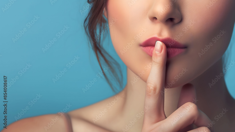 Mysterious Woman Gesturing Silence with Finger on Lips Mysterious Woman Gesturing Silence with Finger on Lips