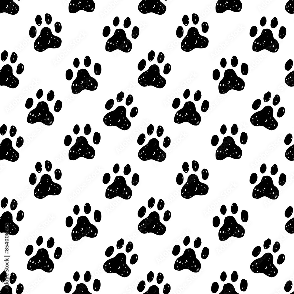 Fototapeta premium Black animal paw prints seamless pattern on white backfround. Sketchy, rugged, textured pet paw prints simple endless pattern for textile, paper design.