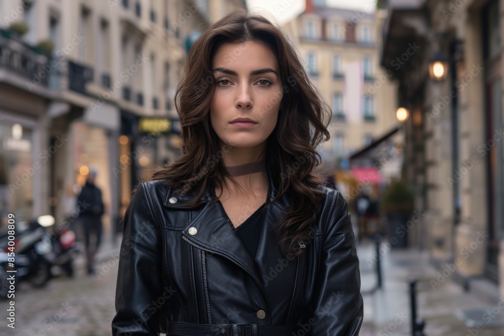 A woman in a black leather jacket walks down a street in Paris. A woman in a black leather jacket walks down a street in Paris.