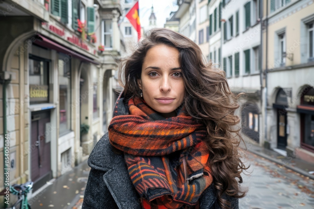 Fototapeta premium A young woman in a cozy scarf walks through a European city street, her expression serene and captivating.